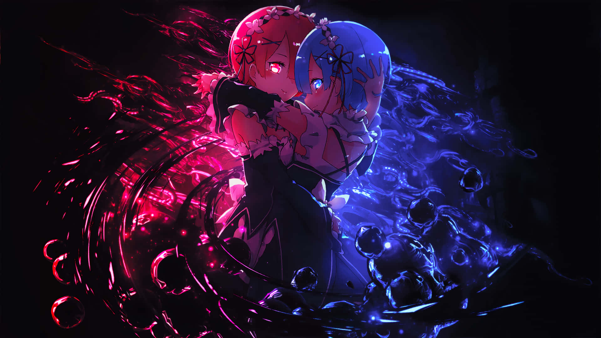Purple Anime 桌布 壁紙 — 兩個動漫女孩在黑暗背景中，於粉紅色和藍色能量漩渦中擁抱。