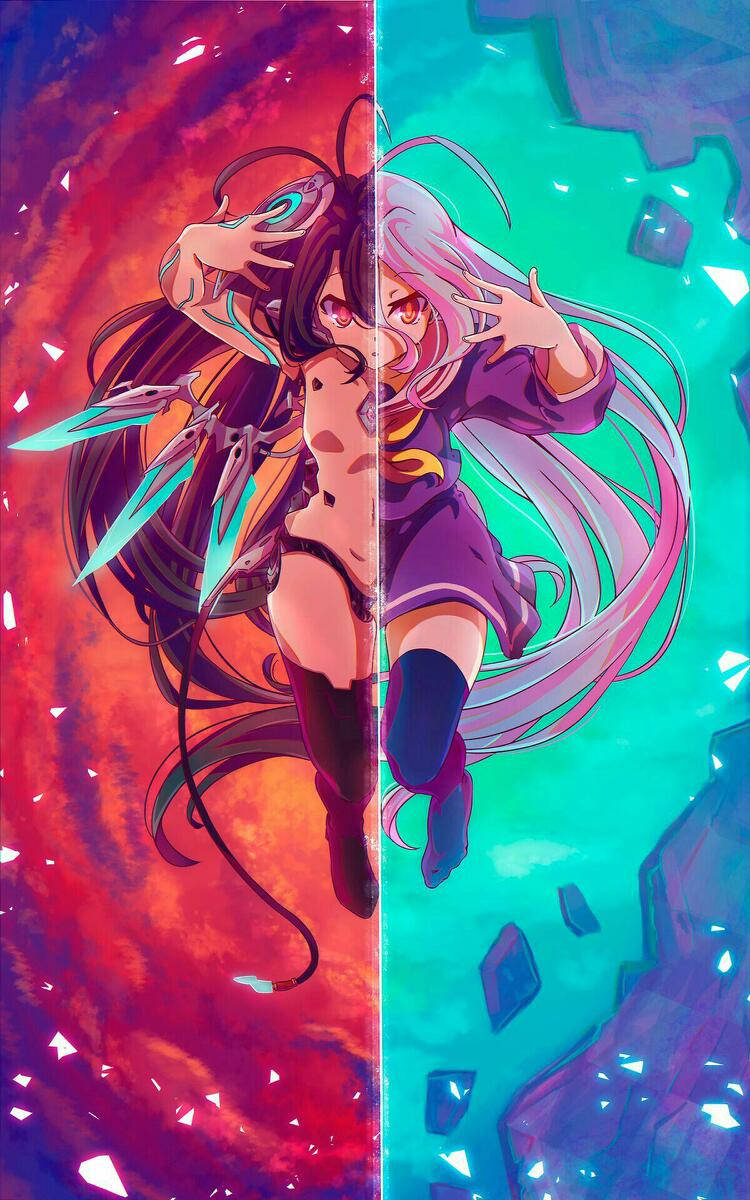 game 桌布 壁紙 — 兩個動漫女孩垂直分割——一個在火紅的混亂中，另一個在清涼的藍綠色水中，兩者都擺出動態姿勢，眼睛發光。