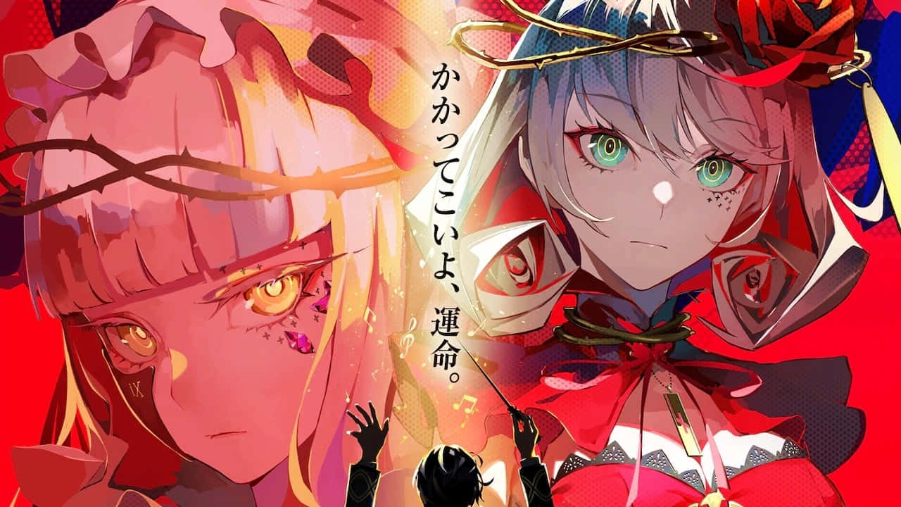 games 桌布 壁紙 — 兩個動漫女孩帶著戲劇性的表情和鮮紅色的背景，在風格化的插圖中面對面。