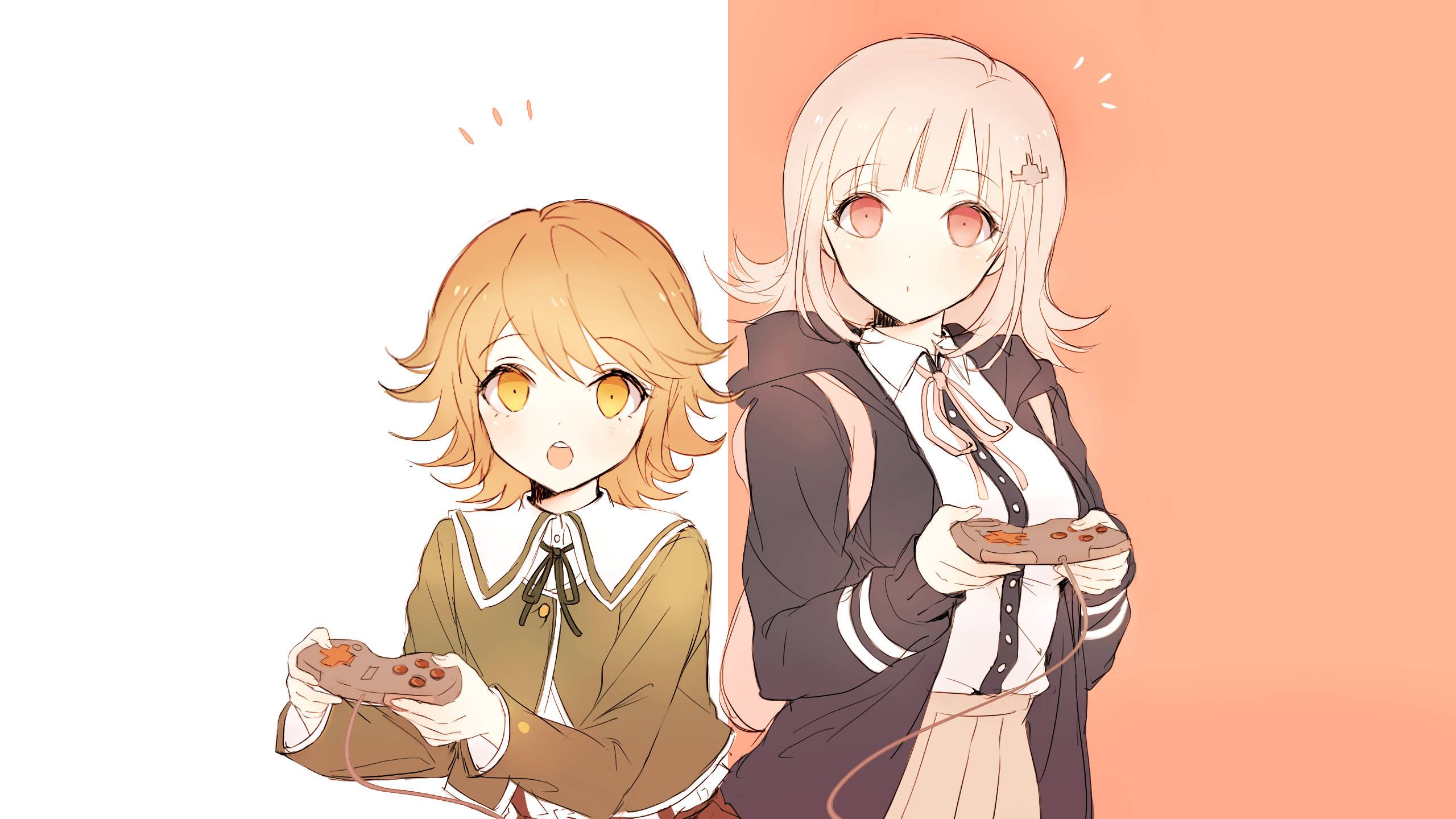Chiaki 桌布 壁紙 — 兩個動漫女孩帶著驚訝的表情，在白色和桃色分割的背景前拿著遊戲控制器。