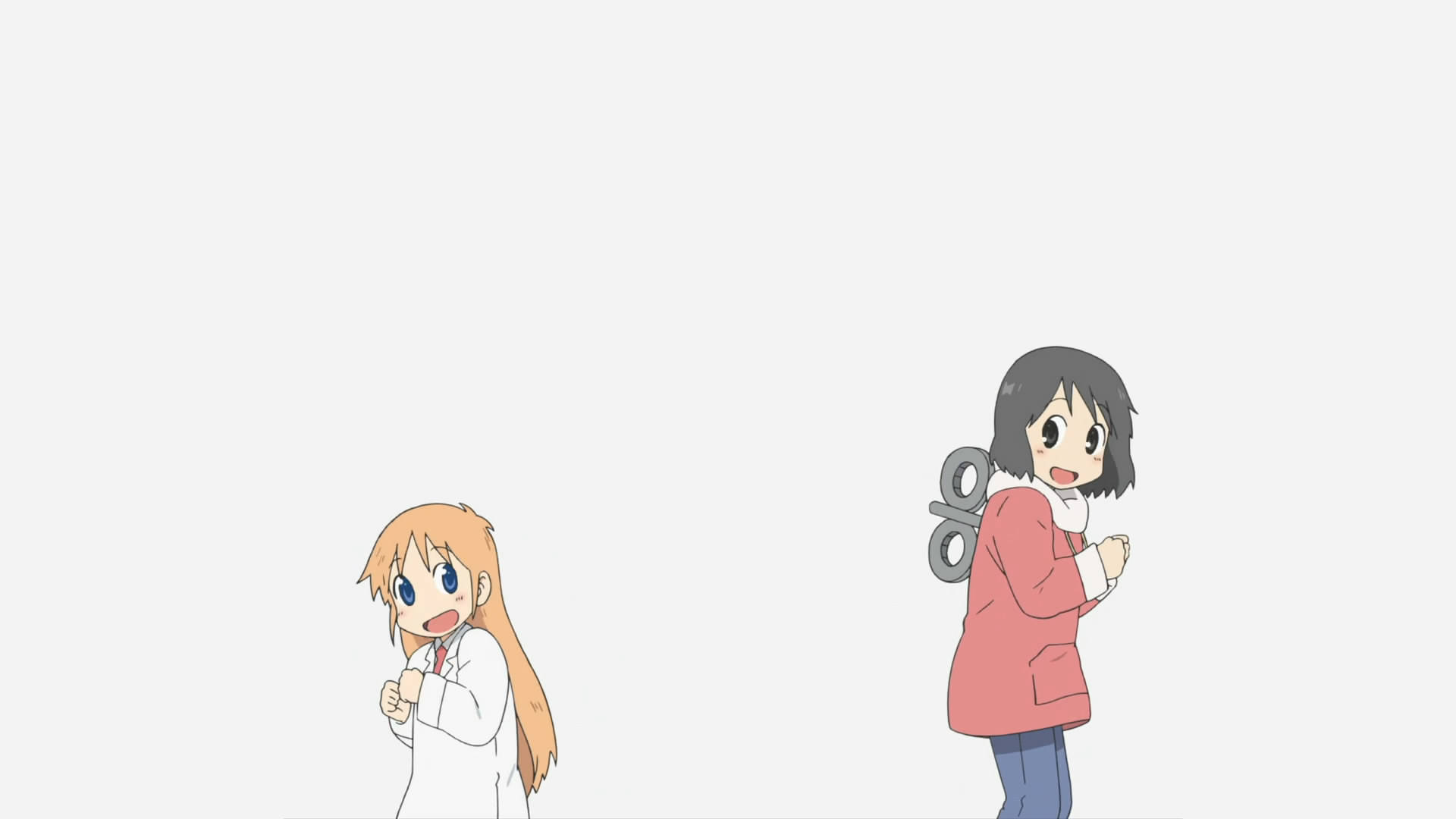 動漫女孩 桌布 壁紙 — 兩個動漫女孩帶著驚訝的表情，在純白背景前分開站立，一個穿白色外套，另一個穿粉紅色夾克。