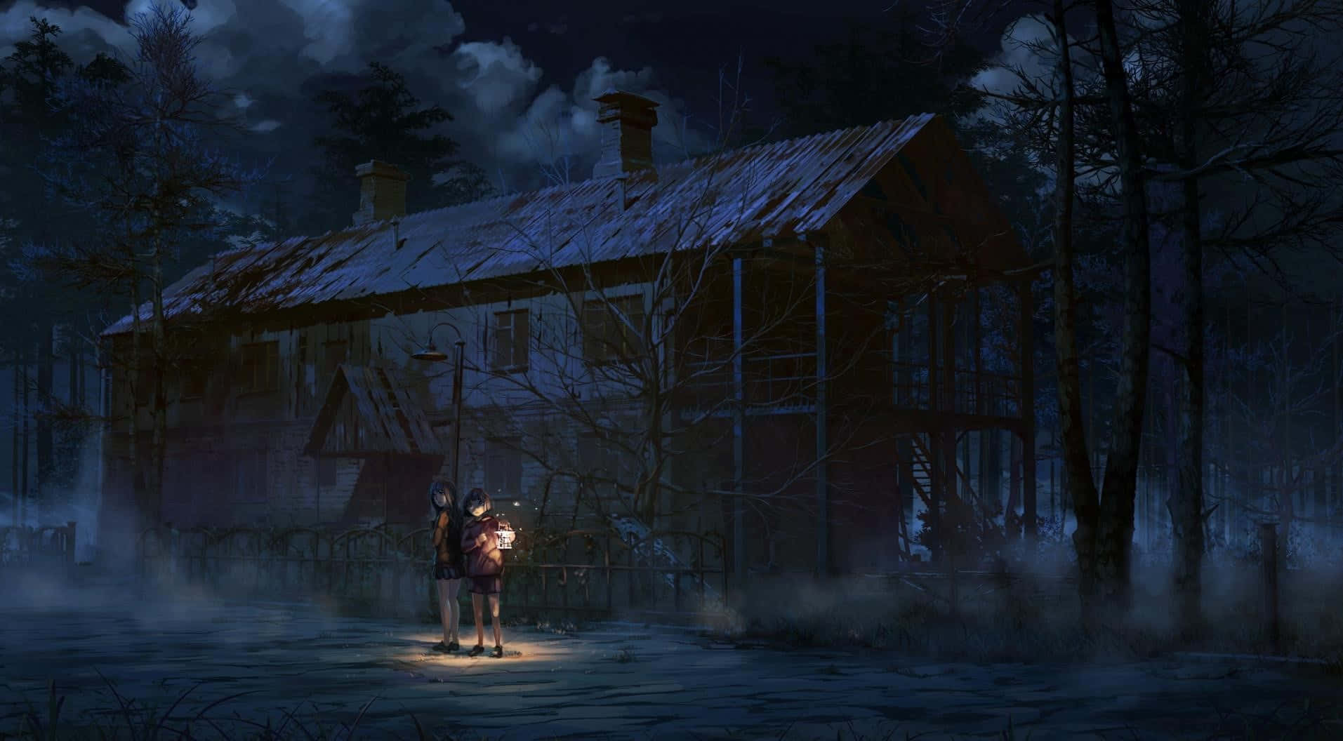 Spooky Art 桌布 壁紙 — 兩個動漫女孩提著燈籠，夜晚站在霧氣瀰漫的雪林中的一座破舊小屋前。