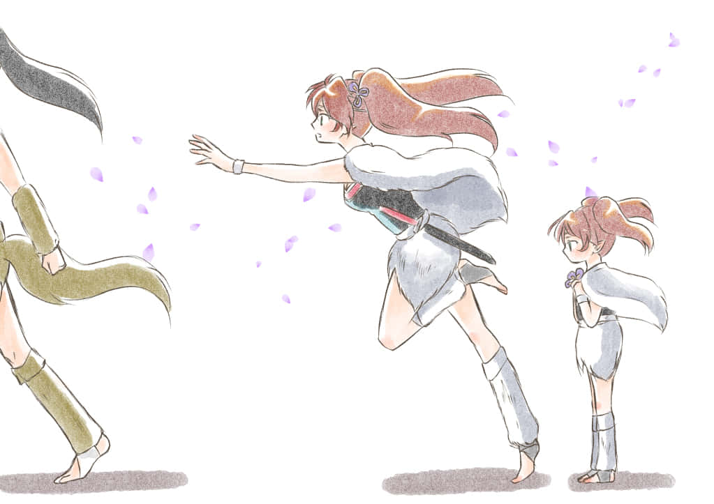 Inuyasha Ayame 桌布 壁紙 — 兩個動漫女孩擺出動態姿勢，紫色花瓣在她們周圍飄浮，背景為純白色。