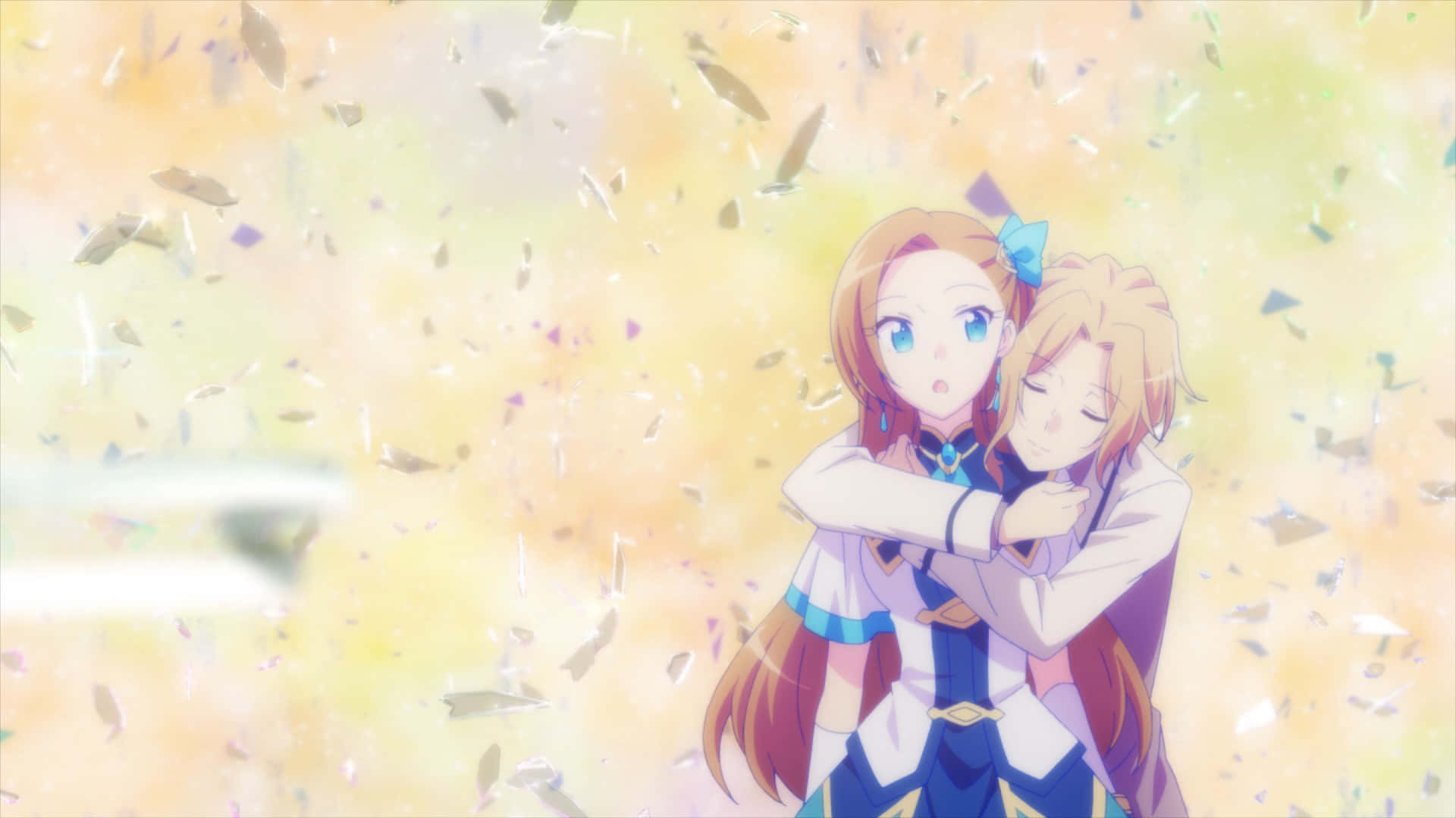 My Next Life As A Villainess All Routes Lead To Doom 桌布 壁紙 — 兩個動漫女孩溫暖地擁抱，彩色紙屑在柔和的金色光芒中圍繞她們飄落。