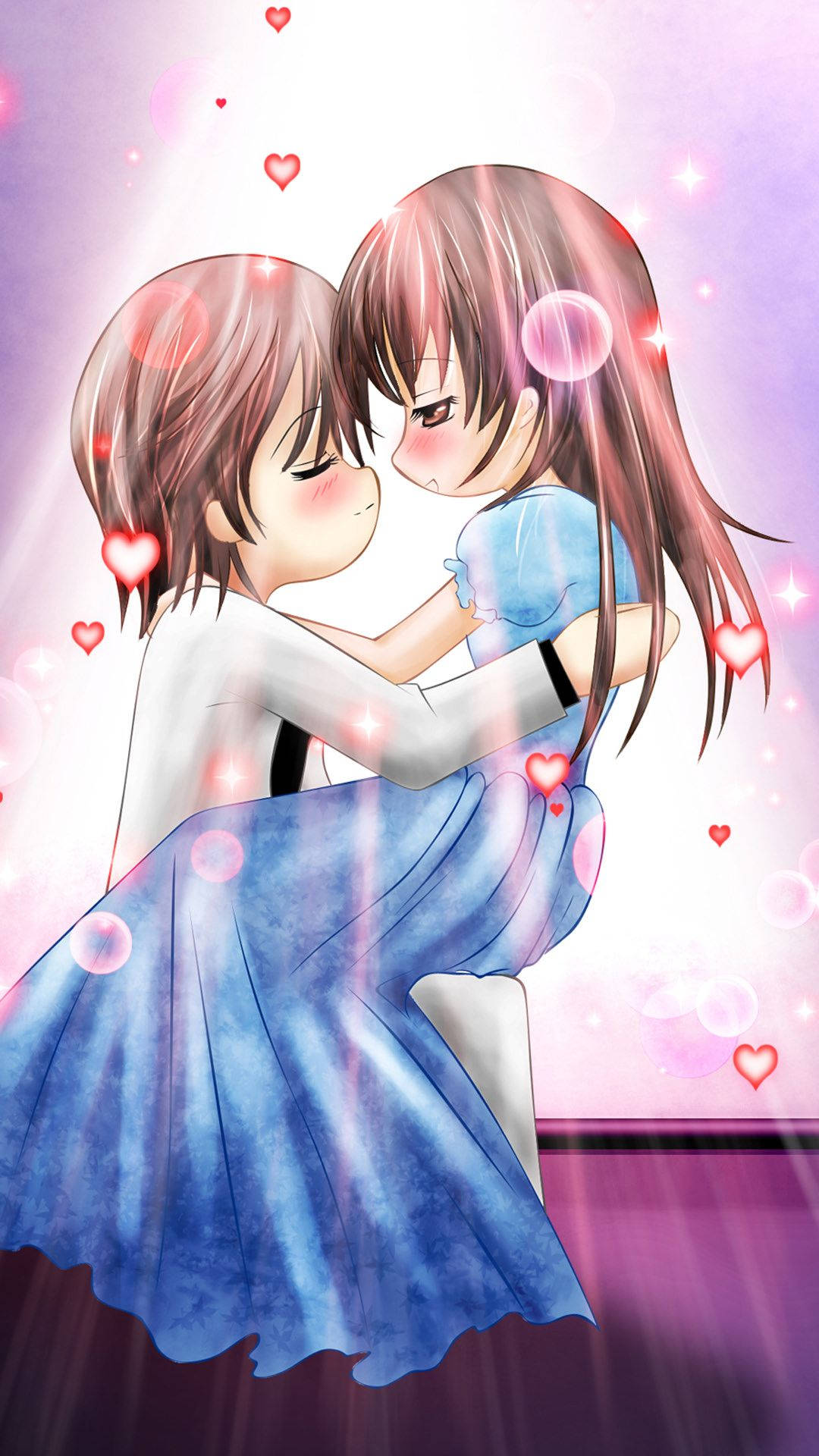 Love Anime 桌布 壁紙 — 兩個動漫女孩溫柔地擁抱，心形和泡泡在她們周圍漂浮，籠罩在柔和的光芒中。