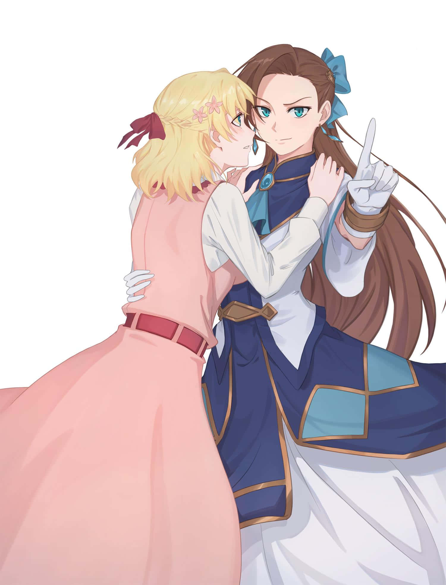 My Next Life As A Villainess All Routes Lead To Doom 桌布 壁紙 — 兩個動漫女孩熱情擁抱，一個穿著粉紅色連衣裙，另一個穿著藍色制服並舉起手指