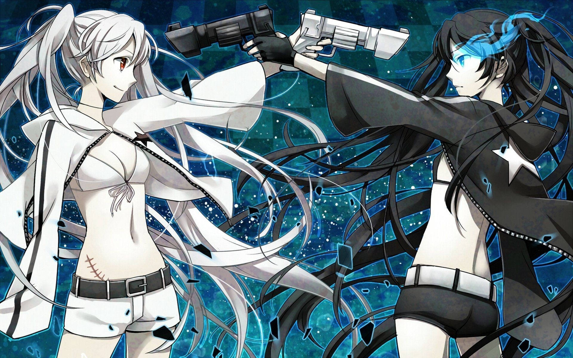 Anime Desktop 桌布 壁紙 — 兩個動漫女孩穿著對比鮮明的白色和黑色服裝，在閃爍的藍色宇宙背景下持槍對峙。