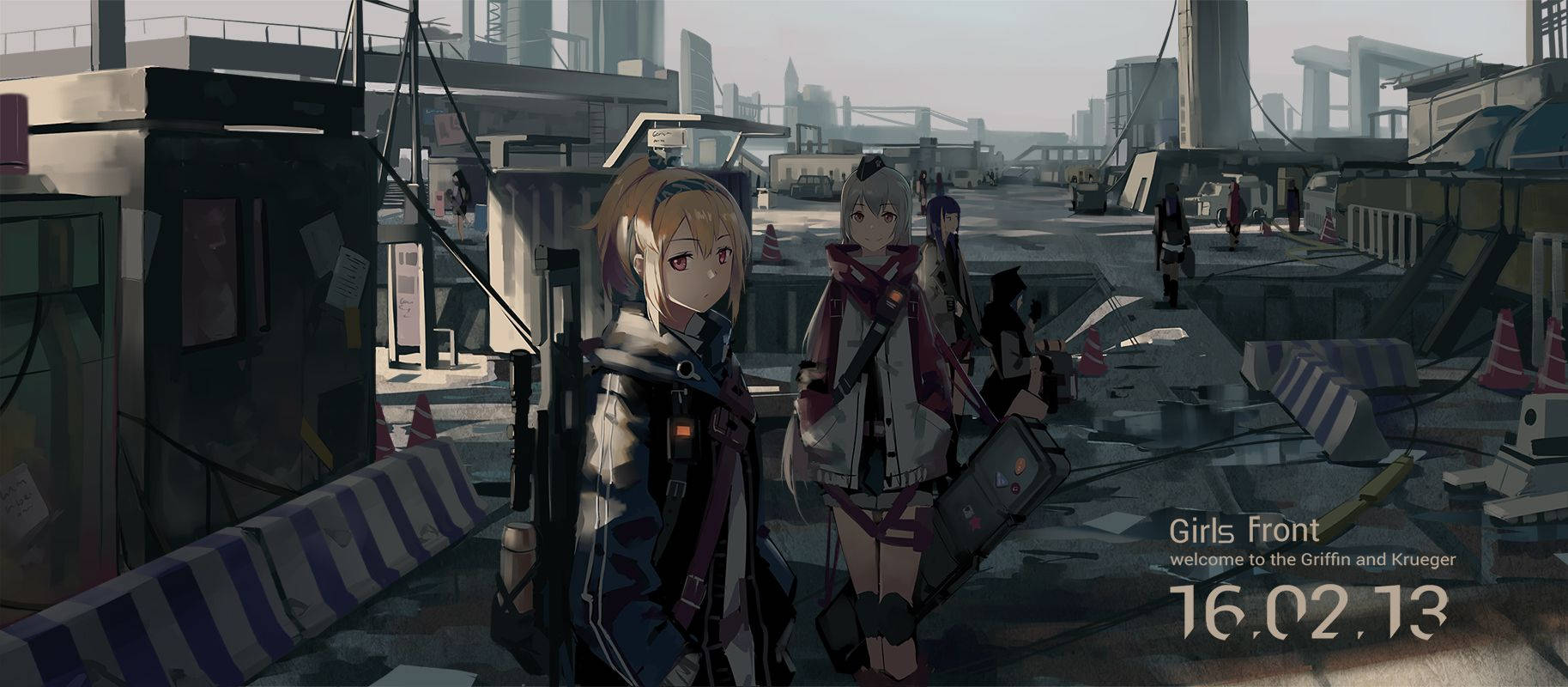 girls 桌布 壁紙 — 兩個動漫女孩穿著戰術裝備，站在骯髒的城市廢墟中，遠處有摩天大樓，在朦朧的日光下。