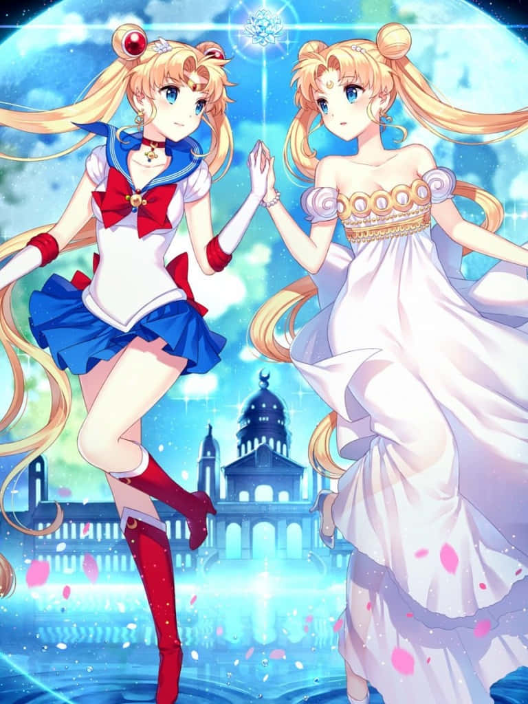 美少女戰士 桌布 壁紙 — 兩個動漫女孩穿著水手服和婚紗，在發光的藍色城市景觀中優雅地站立，花瓣飄浮。