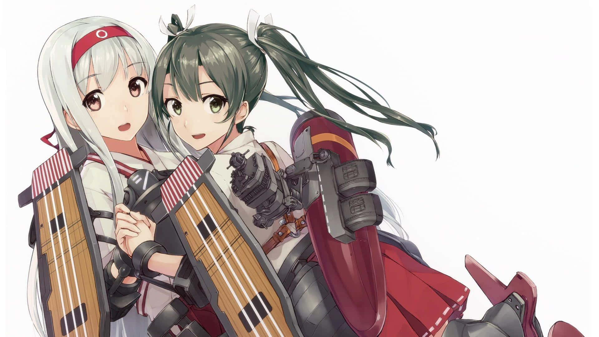Kancolle 桌布 壁紙 — 兩個動漫女孩穿著細節豐富的軍裝風格服飾，帶有紅色點綴和機械裝備，緊密地站在純白色背景前。
