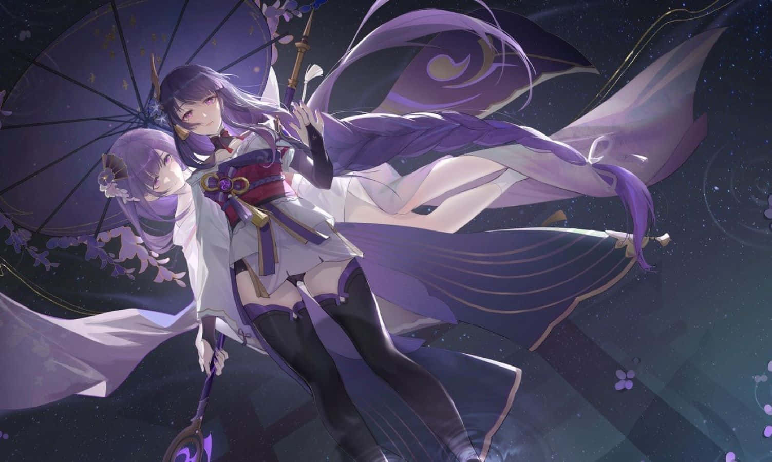 Baal Genshin Impact 桌布 壁紙 — 兩個動漫女孩穿著飄逸的紫色和白色服裝，在櫻花飄落的星空下跳舞。