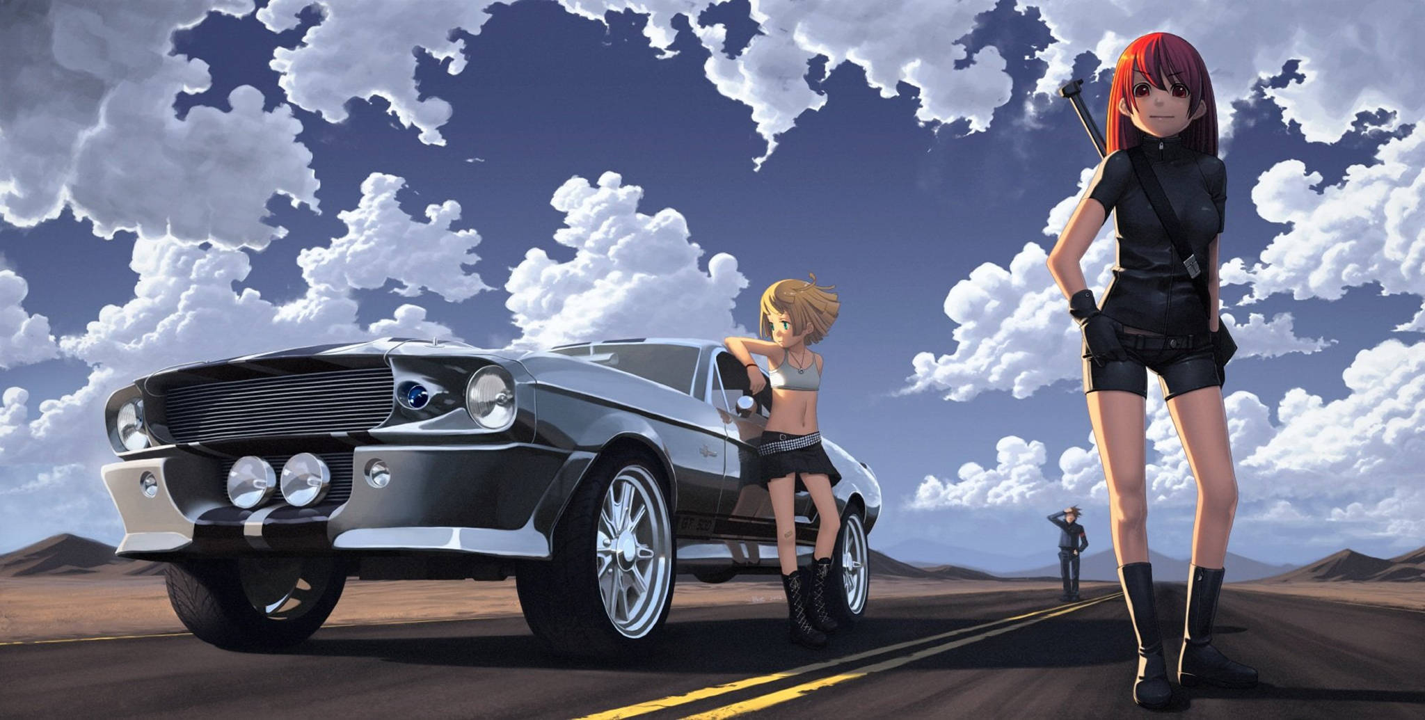 動漫車 桌布 壁紙 — 兩個動漫女孩站在一輛時尚的銀色肌肉車旁邊，在沙漠公路上，天空多雲，氣氛戲劇化。