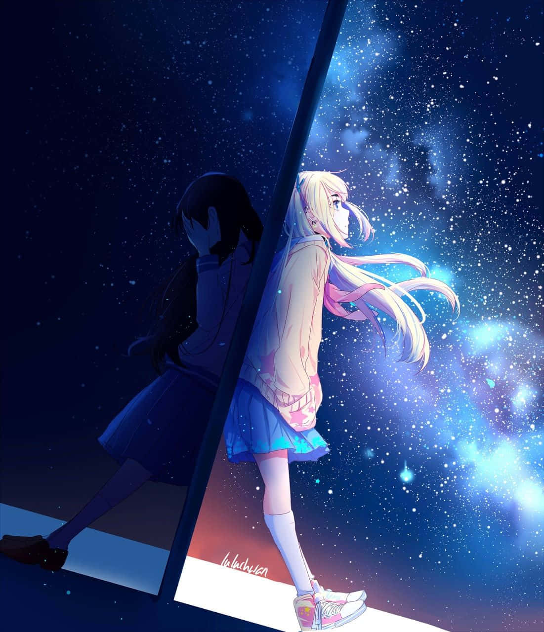 Beautiful Sad Anime 桌布 壁紙 — 兩個動漫女孩站在發光傳送門的兩側，一個在陰影中，另一個沐浴在宇宙藍光中。