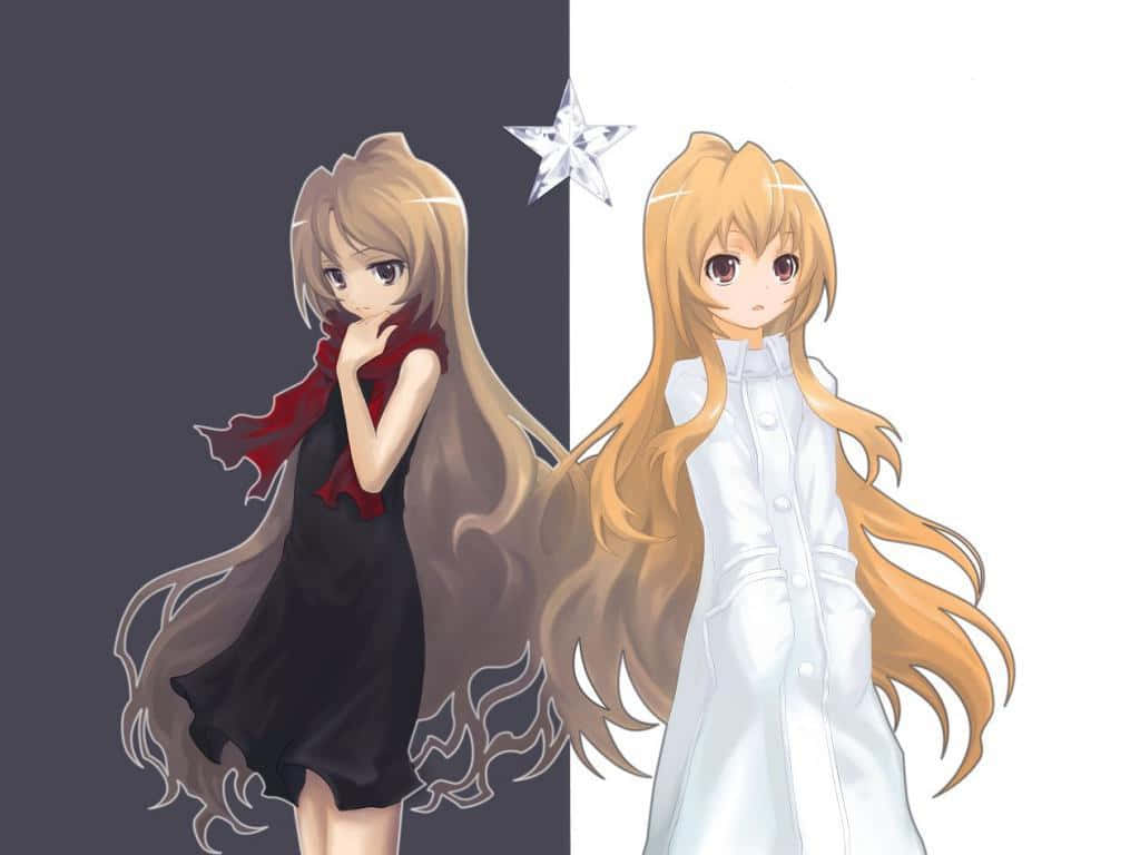 Princess 桌布 壁紙 — 兩個動漫女孩背對背站立，一個穿著深色裙子配紅色圍巾，背景灰色；另一個穿著白色外套，背景白色，中間有一顆發光的星星分隔。