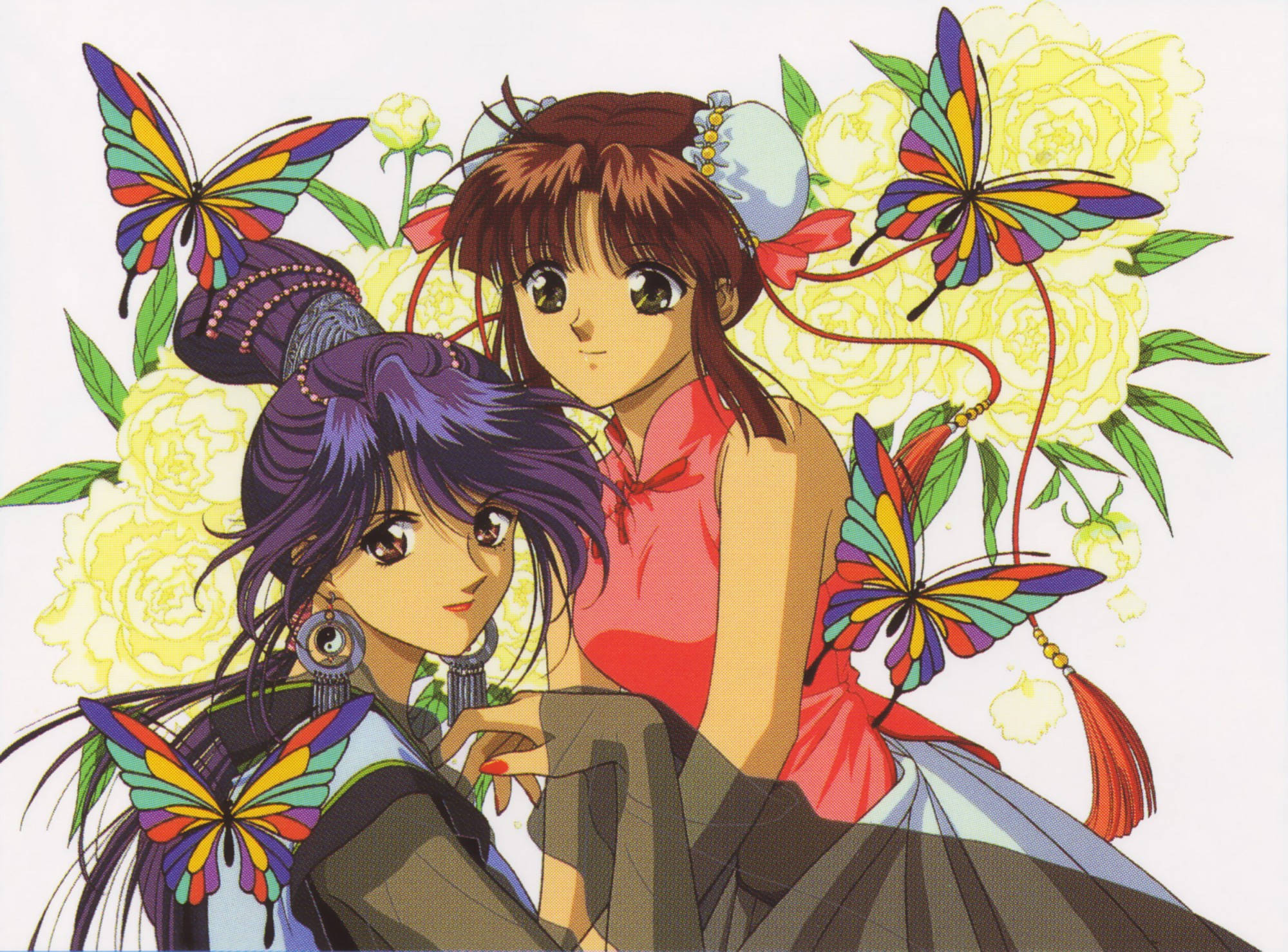 Fushigi Yuugi 桌布 壁紙 — 兩個動漫女孩與色彩繽紛的蝴蝶和黃色花朵在色彩繽紛的插圖場景中。