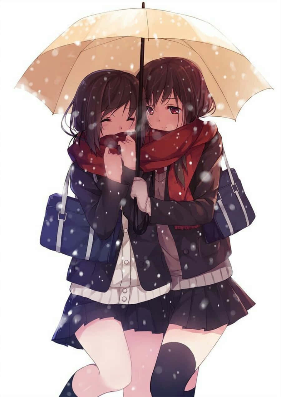Umbrella 桌布 壁紙 — 兩個動漫女孩蜷縮在米色雨傘下，溫暖地擁抱著，雪花輕輕飄落在她們周圍。