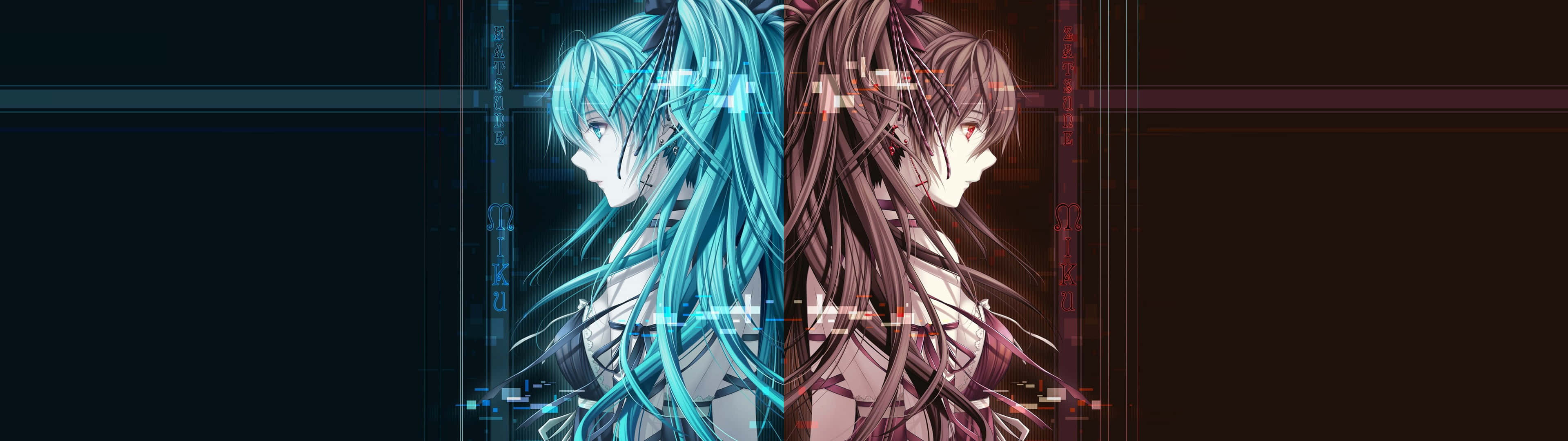 3840 X 1080 Anime HD 桌布 壁紙 — 兩個動漫女孩頭髮發光，並排站在黑暗的數位網格背景前。