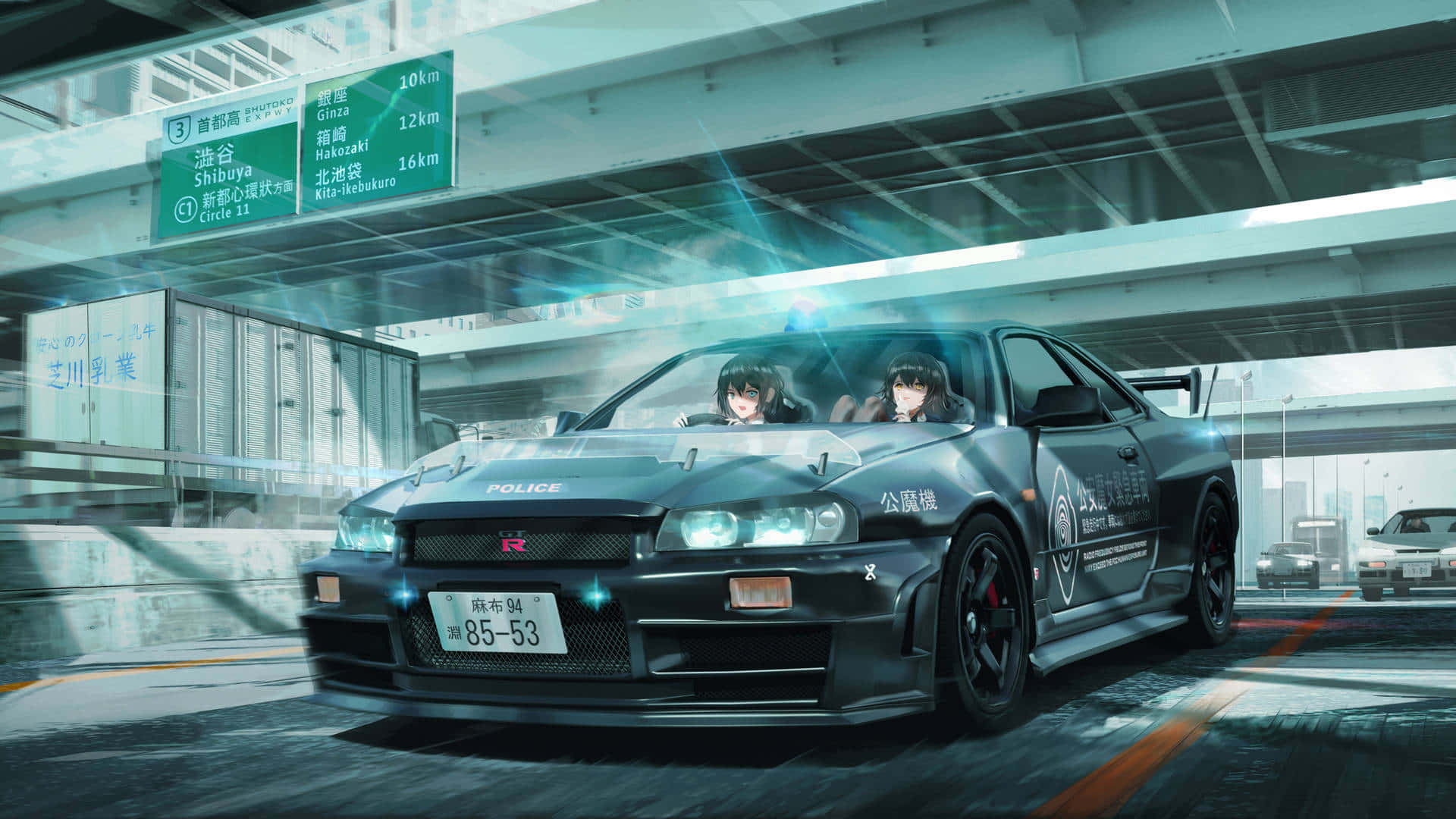 動漫車 桌布 壁紙 — 兩個動漫女孩駕駛黑色警用日產Skyline GT-R穿過一條帶有發光藍色燈光的未來城市隧道。