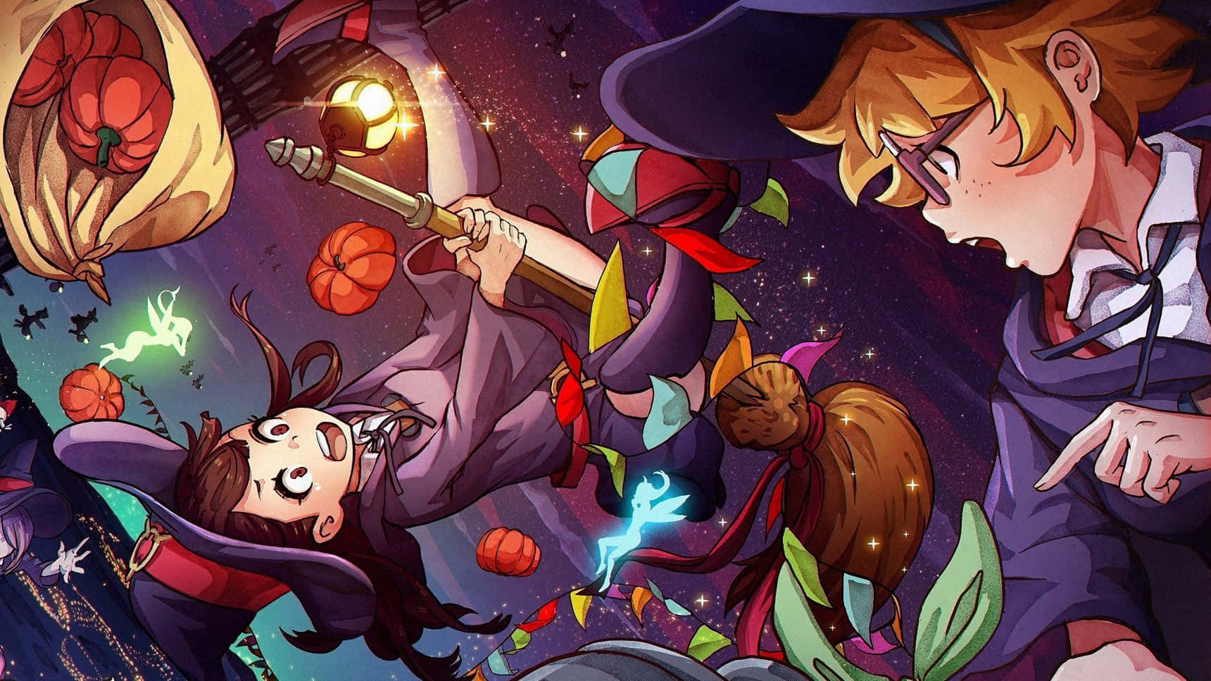 動漫女孩 桌布 壁紙 — 兩個動漫女巫在佈滿南瓜和發光魔法生物的星空夜空中飛翔。