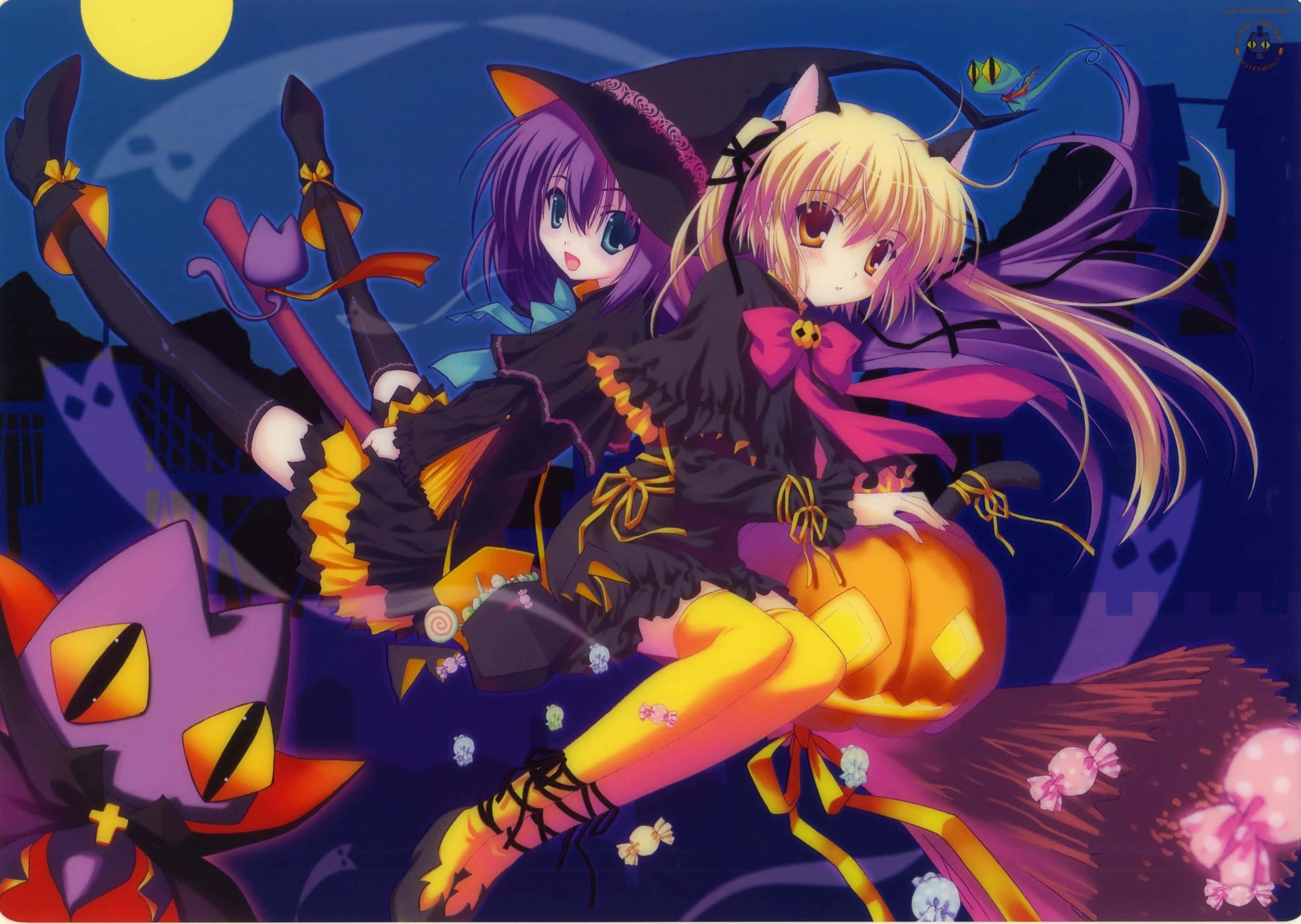 Halloween Anime Girl 桌布 壁紙 — 兩個動漫女巫在滿月下騎著掃帚，帶著糖果和一隻貓在陰森的夜空中飛行。