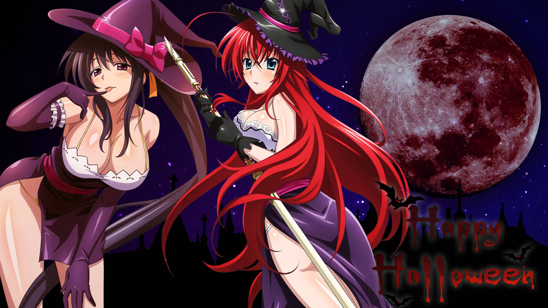 Dxd 桌布 壁紙 — 兩個動漫女巫穿著紫色和紅色服裝，在血月下與蝙蝠和萬聖節文字擺姿勢。