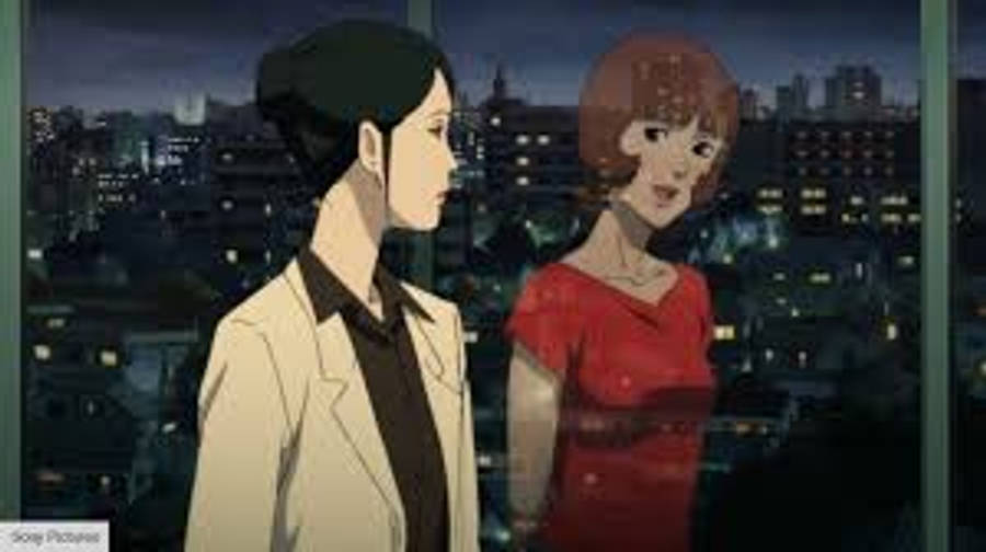 satoshi kon 桌布 壁紙 — 兩個動漫女性在窗邊交談，窗外是夜晚發光的城市景觀。