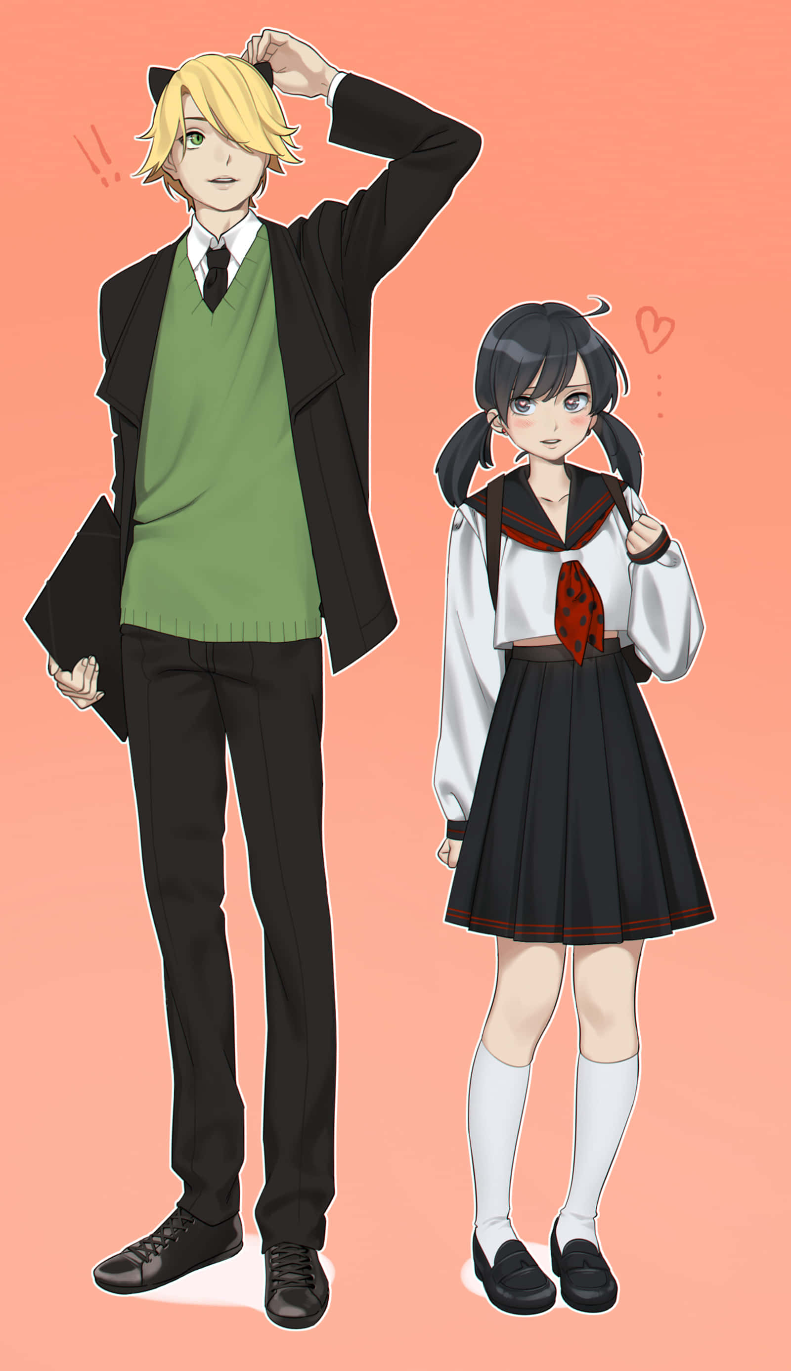 Miraculous Ladybug Adrien 桌布 壁紙 — 兩個動漫學生穿著校服，站在純蜜桃色背景前，一個在整理頭髮，另一個抬頭看，附近有愛心漂浮。
