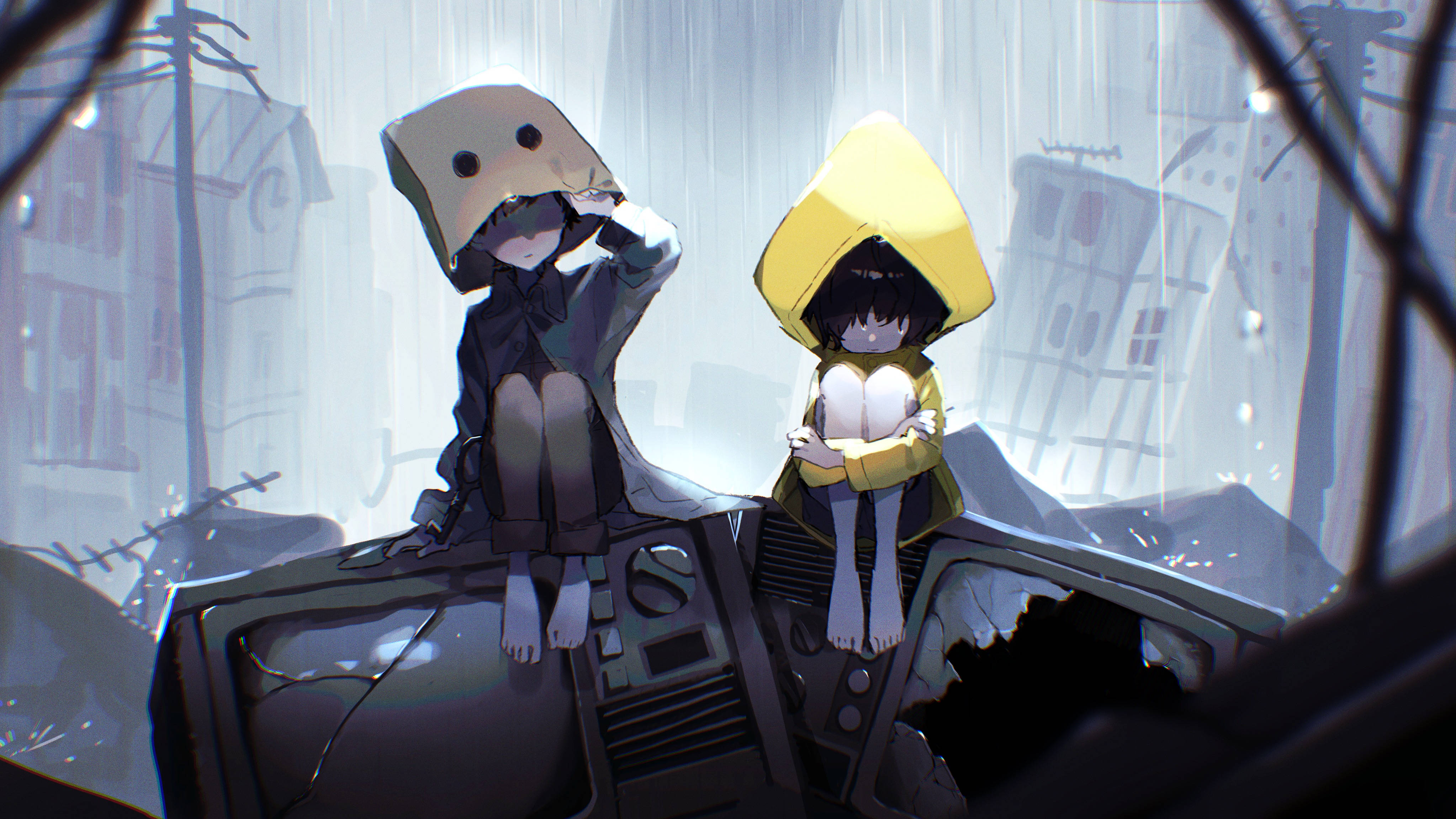 Nightmares 桌布 壁紙 — 兩個動漫小孩穿著紙和黃色連帽雨衣，坐在一個破電視上，在一個下雨、荒涼的城市廢墟中。