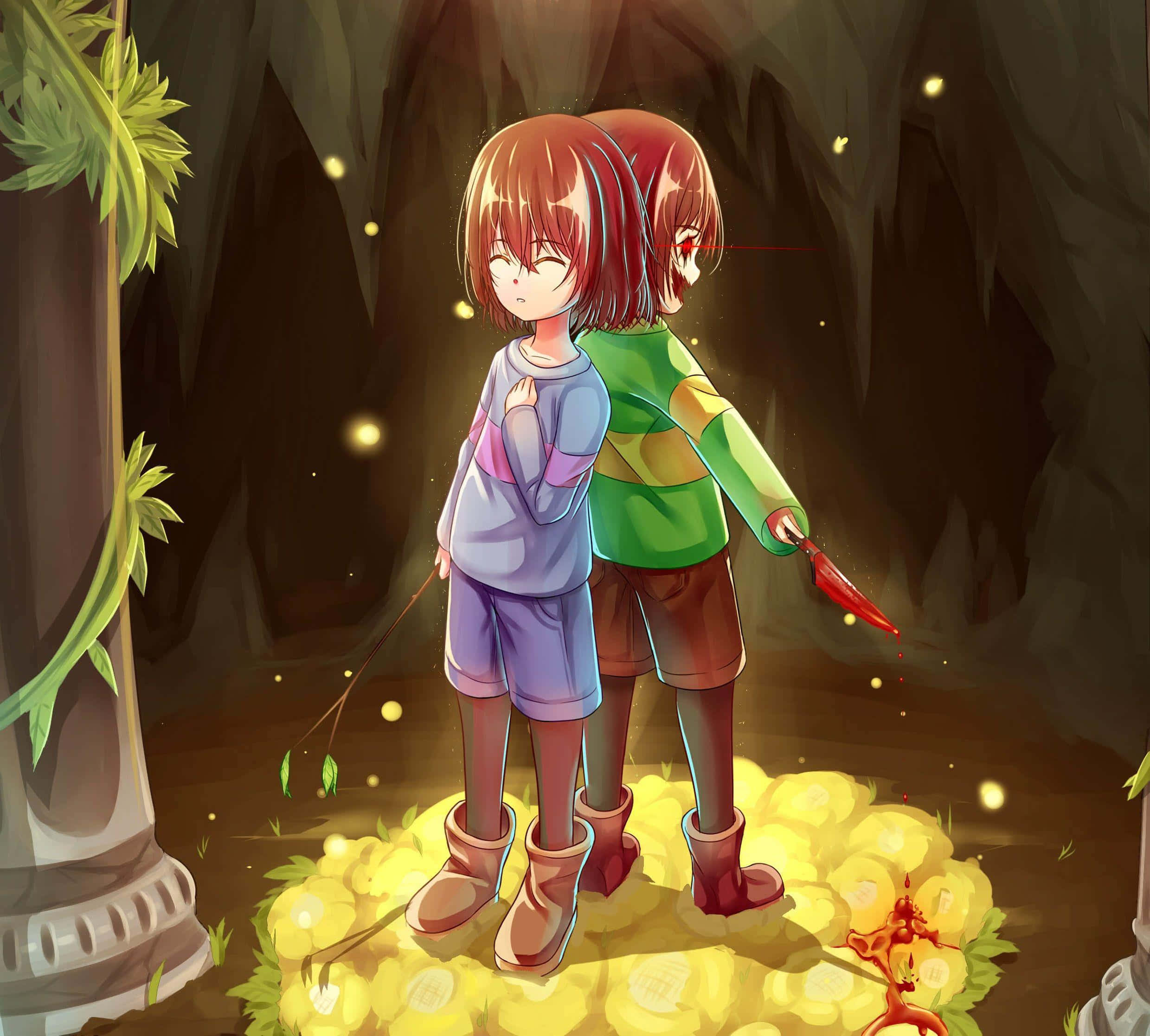 Undertale 桌布 壁紙 — 兩個動漫小孩站在一個黑暗的洞穴中，被發光的黃色花朵和漂浮的光照亮，一個拿著紅色刀刃，另一個悲傷地低頭看著。