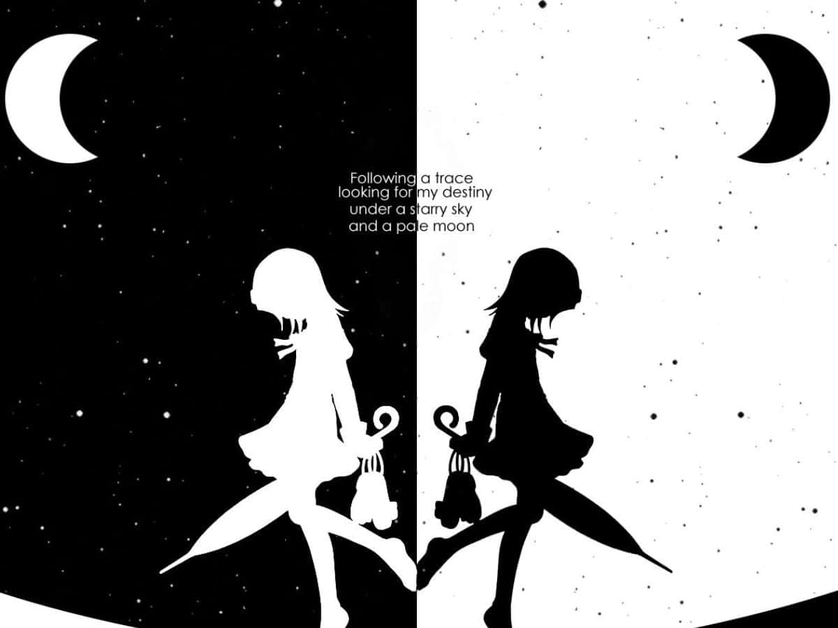 Black And White Anime 桌布 壁紙 — 兩個動漫少女剪影在星空下被新月分割，向相反方向行走。