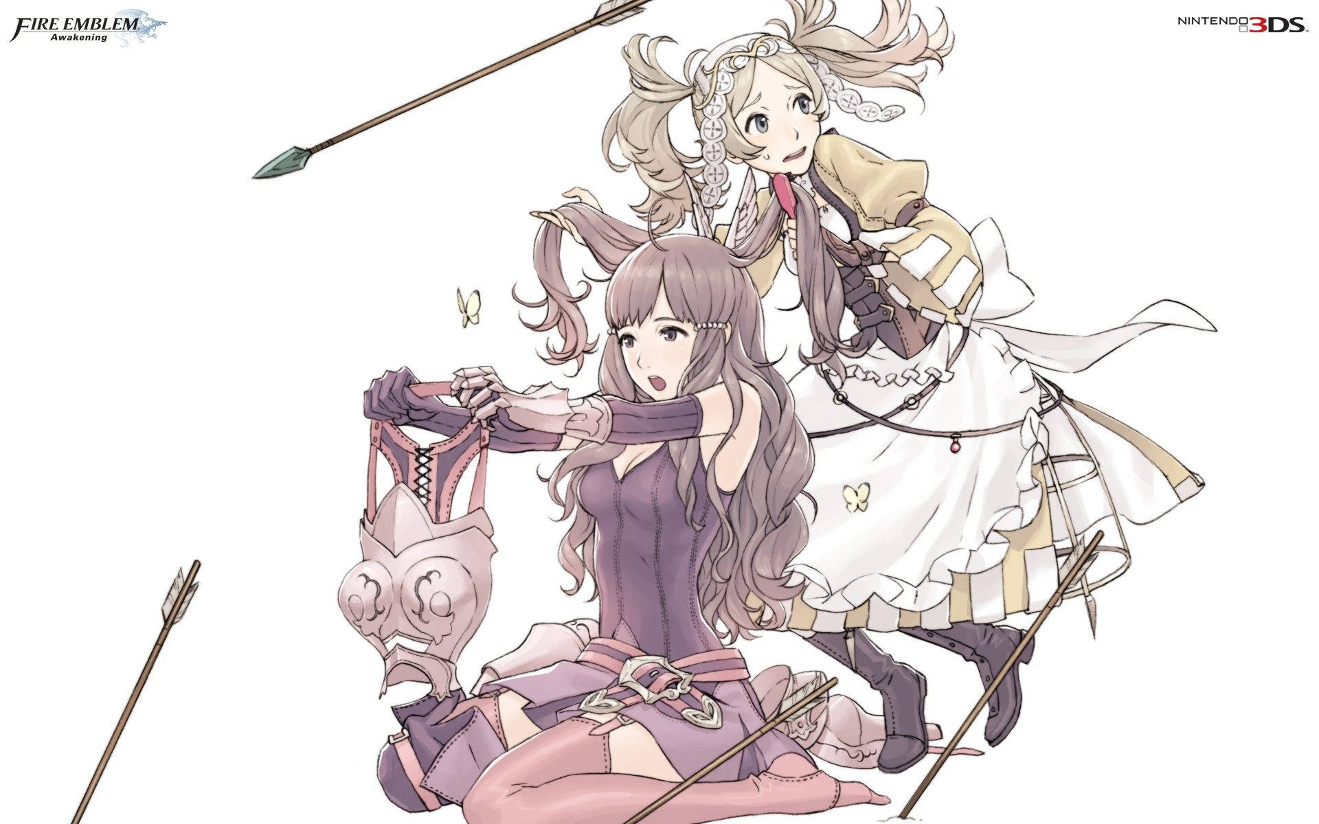 兩個穿著奇幻盔甲的動漫角色手持箭矢和頭盔。 — Fire Emblem Warriors 壁紙