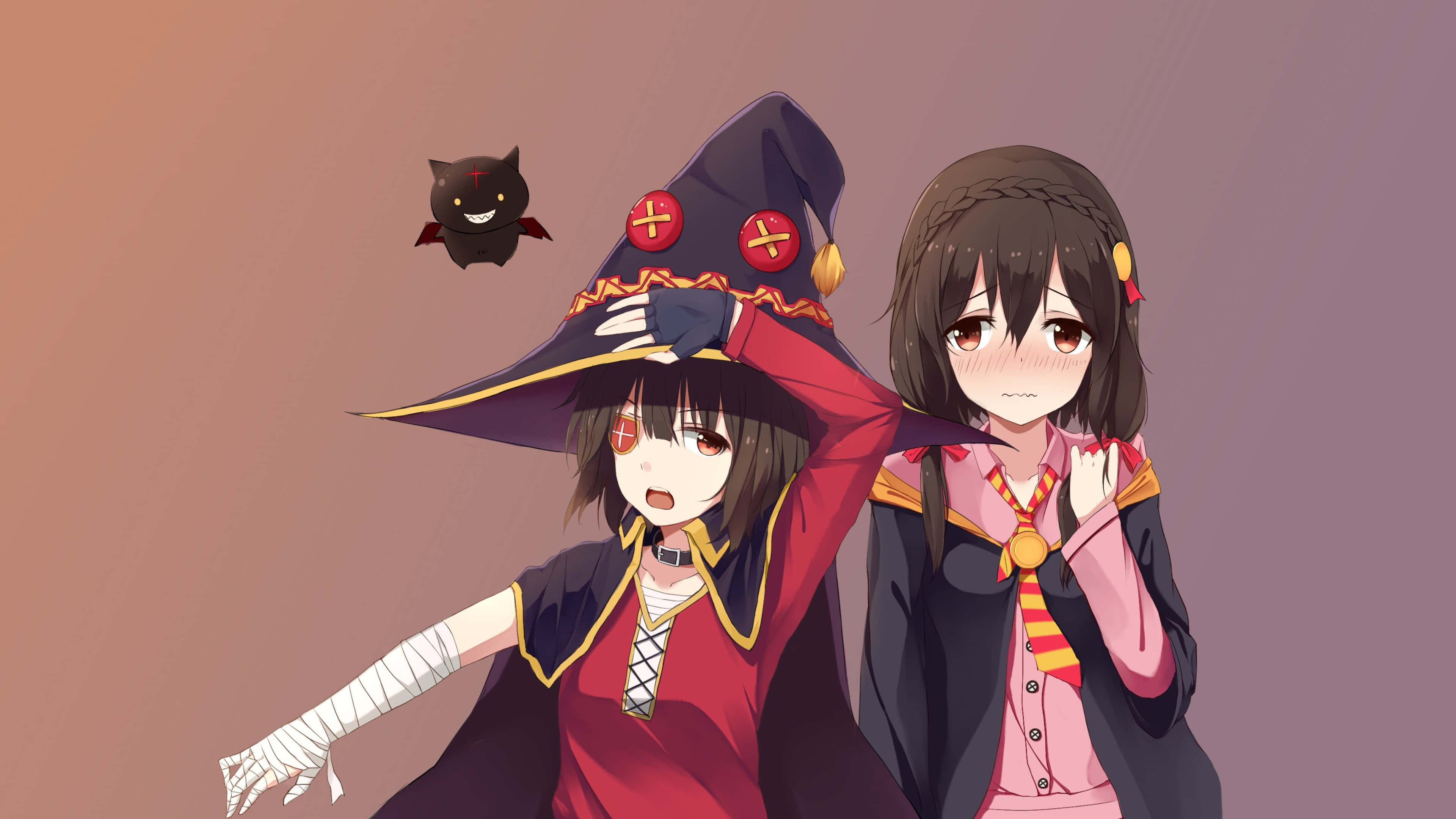 桌布 壁紙 — 兩個動漫少女穿著女巫和校服，在漸變背景前與漂浮的黑貓擺姿勢。