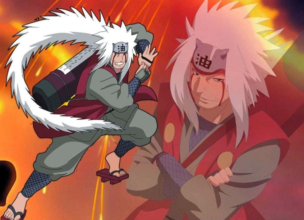Legendary Sannin 桌布 壁紙 — 兩個動漫忍者，白色尖刺頭髮和紅色頭帶，在熾熱的橙色戰場上碰撞。