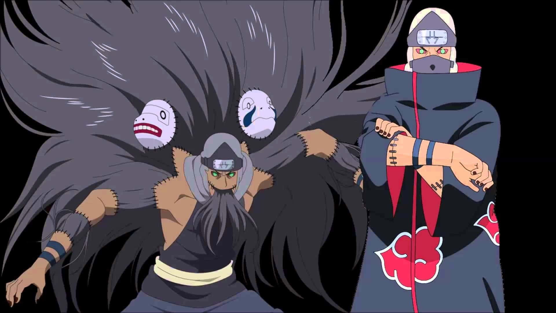 Akatsuki Kakuzu 桌布 壁紙 — 兩個動漫忍者，長長的黑髮和戴著面具的臉，站在黑色背景前，一個穿著紅色雲斗篷，另一個有白色面具漂浮在周圍。