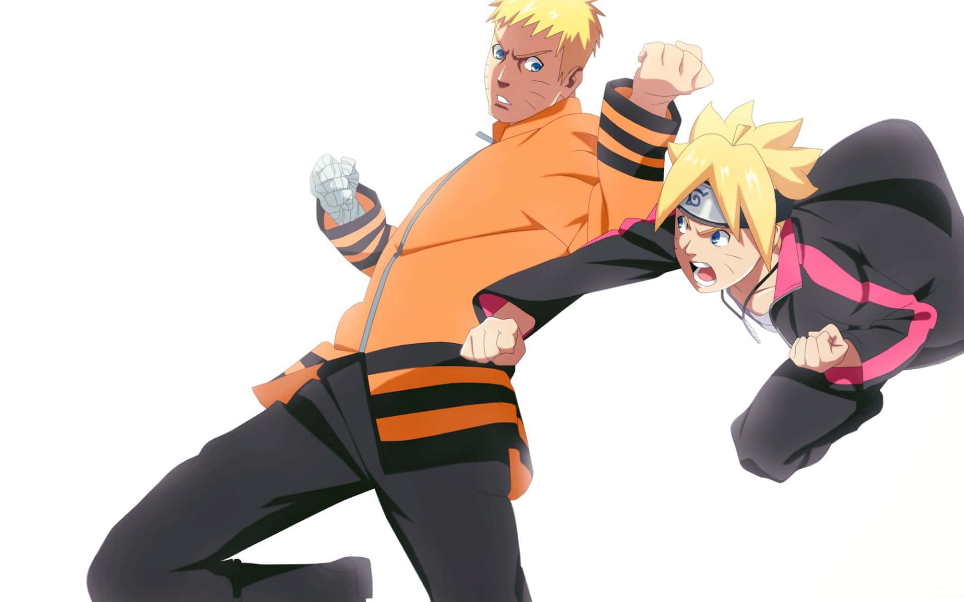 Boruto Naruto Next Generations 桌布 壁紙 — 兩個動漫忍者以動態戰鬥姿勢出現在純白背景上，一個穿橙色，另一個穿黑色和粉紅色。