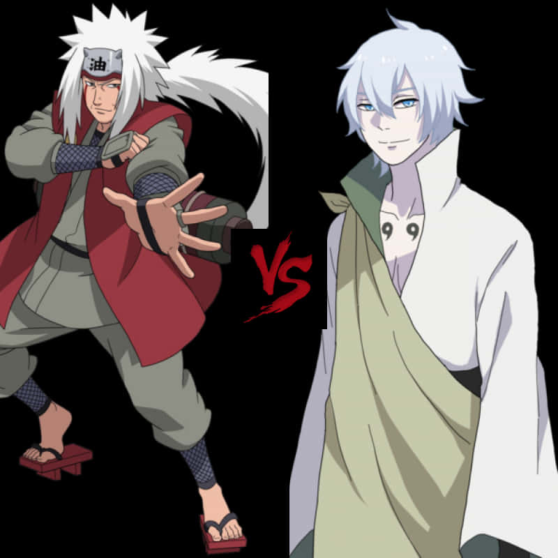 Jiraiya 桌布 壁紙 — 兩個動漫忍者以戲劇性的對決姿勢面對面，背景為黑色，帶有紅色「VS」文字。