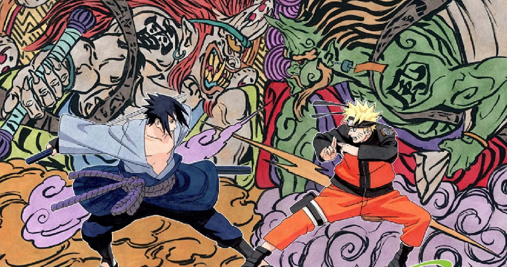 Naruto Manga 桌布 壁紙 — 兩個動漫忍者在一場混亂、色彩繽紛、旋轉的戰鬥場景中與兇猛的惡魔敵人戰鬥。