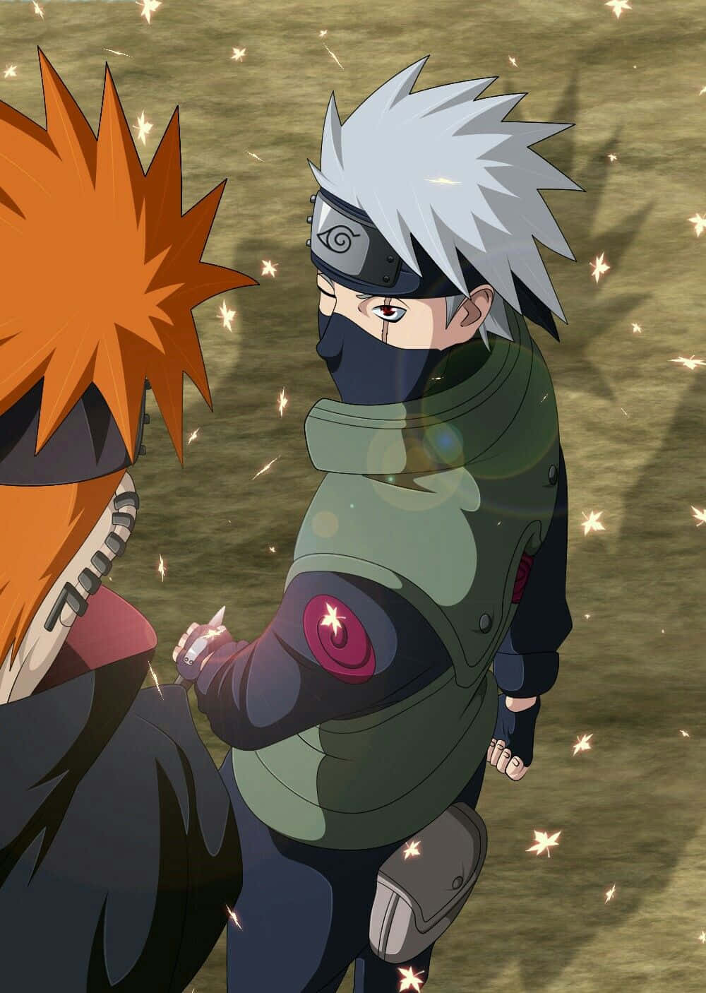 Kakashi And Pain 桌布 壁紙 — 兩個動漫忍者在一場緊張的對峙中面對面，發光的火花在他們之間飛舞。