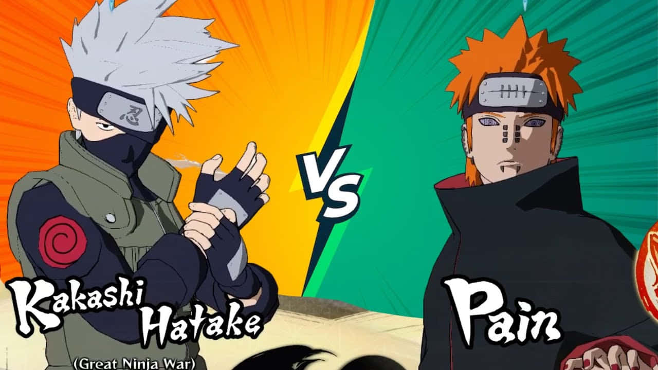 Kakashi And Pain 桌布 壁紙 — 兩個動漫忍者在一片充滿活力的橙色和綠色背景中進行一場戲劇性的戰鬥場景。