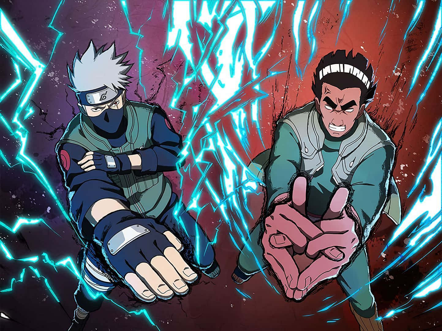 Akatsuki Kakashi 桌布 壁紙 — 兩個動漫忍者在一片深紅和紫色背景中碰撞，之間有劈啪作響的藍色閃電。