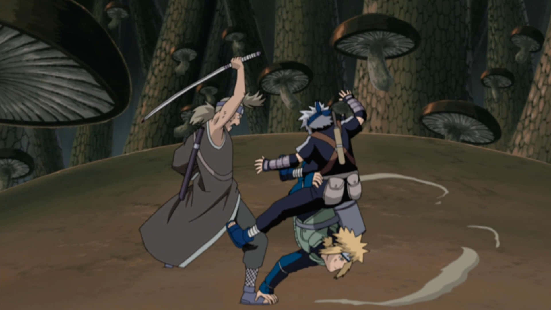Kakashi And Minato 桌布 壁紙 — 兩個動漫忍者在巨型蘑菇之間的森林空地戰鬥，帶有動態動作線條。