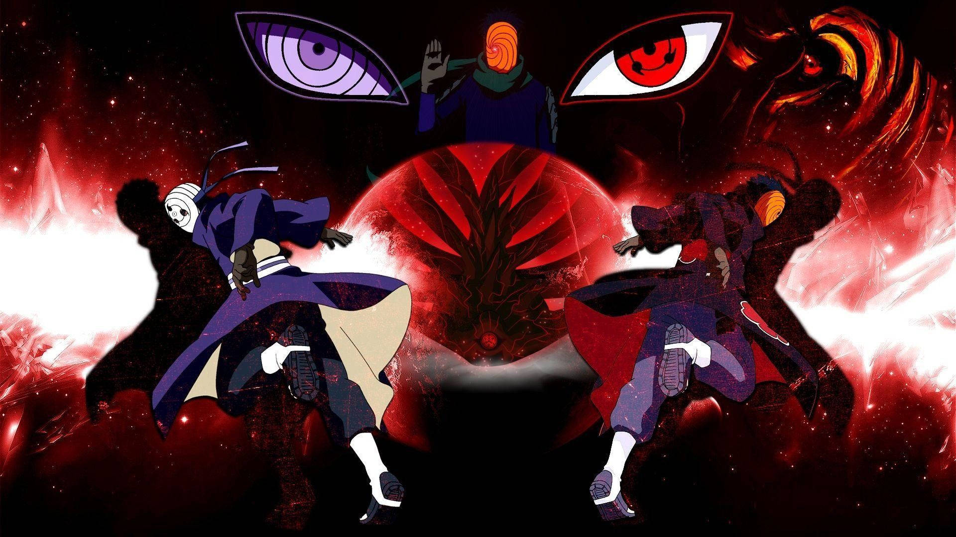 Shisui Uchiha 桌布 壁紙 — 兩個動漫忍者在巨大發光眼睛和紅色星球下的宇宙戰場上碰撞。
