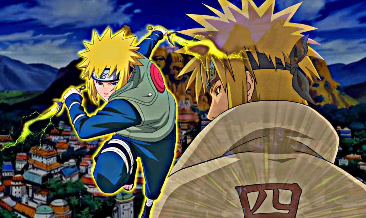 Fourth Hokage 桌布 壁紙 — 兩個動漫忍者在暴風雨天空下的山區村莊上方，伴隨著劈啪作響的閃電碰撞。