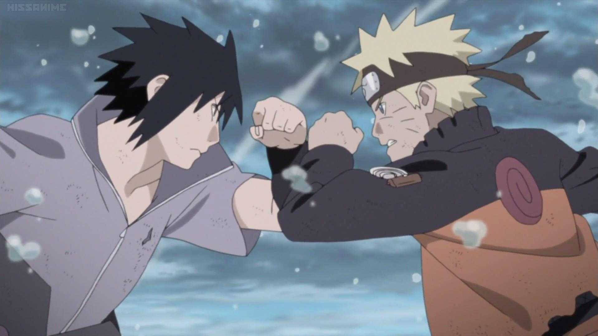 Naruto And Sasuke 桌布 壁紙 — 兩個動漫忍者在暴風雪天空下，雪花飛舞的雪地戰鬥中拳頭相撞。