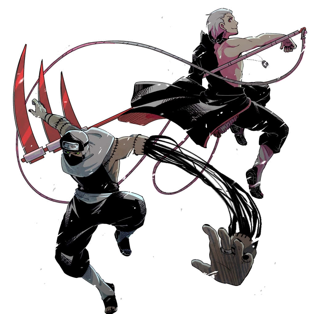 Akatsuki Kakuzu 桌布 壁紙 — 兩個動漫忍者在空中用紅色鐮刀和黑色繩索碰撞，背景是純白色。