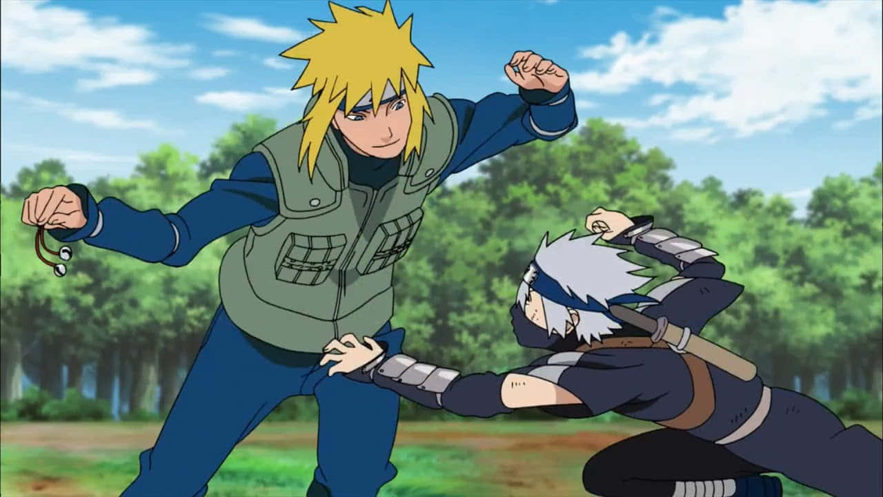 Kakashi And Minato 桌布 壁紙 — 兩個動漫忍者在陽光明媚、白雲朵朵的藍天下，在森林空地上交鋒。