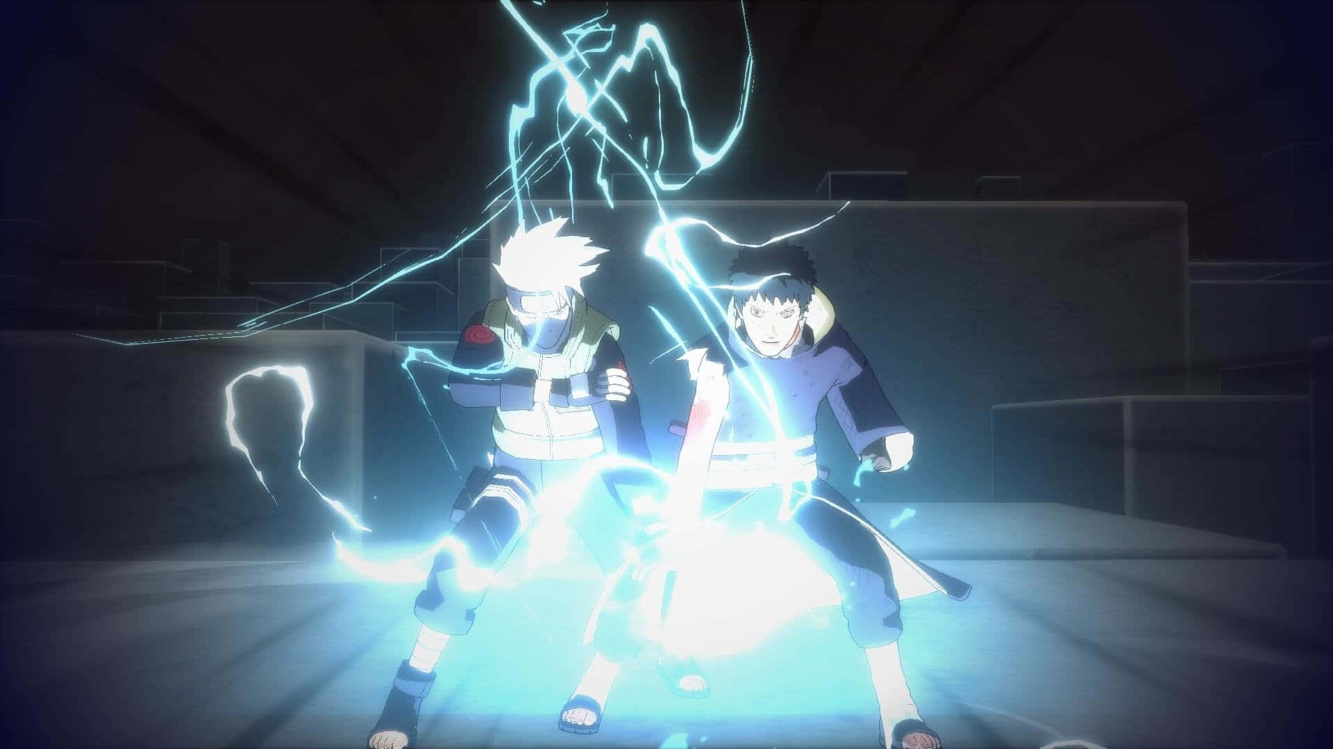 Kakashi And Tobi 桌布 壁紙 — 兩個動漫忍者在黑暗的競技場中碰撞，釋放出明亮的藍色閃電查克拉攻擊。