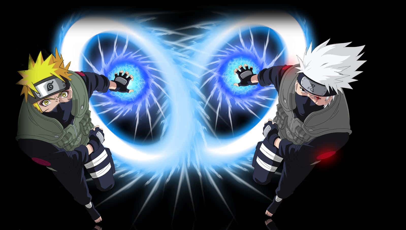 Kakashi And Naruto 桌布 壁紙 — 兩個動漫忍者在黑暗背景中，用發光的藍色查克拉球體碰撞。