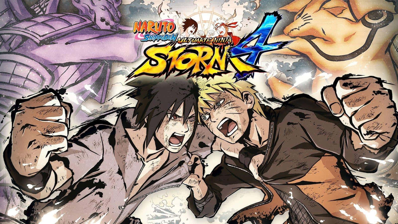 Ps4 Naruto 桌布 壁紙 — 兩個動漫忍者戰士在《火影忍者疾風傳：終極風暴4》的動態戰鬥場景中碰撞，伴隨著爆炸性能量效果。