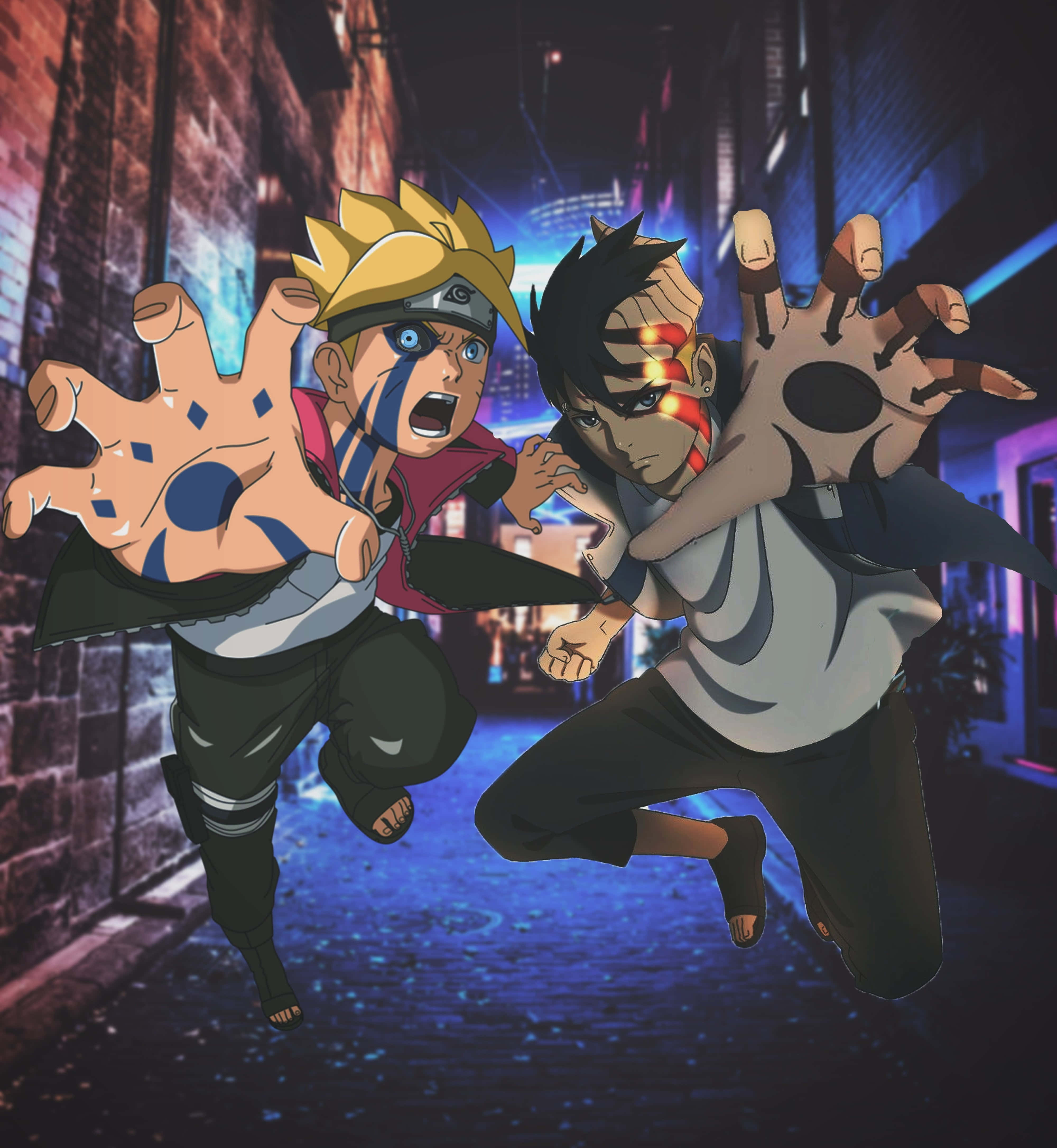 Boruto Vs Kawaki 桌布 壁紙 — 兩個動漫忍者穿過霓虹燈小巷，在半空中擊掌，帶有發光的查克拉符號。